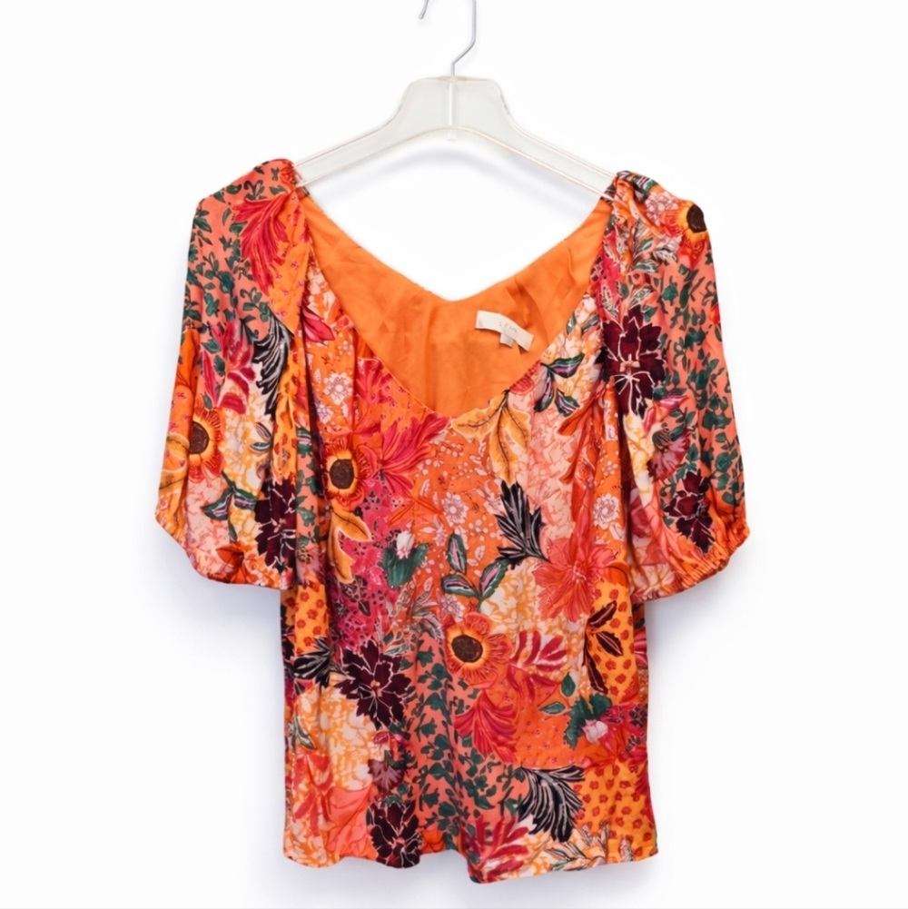 LOFT Orange Floral Deep V-neck Blouse With Wide Sleeves Sz Lg